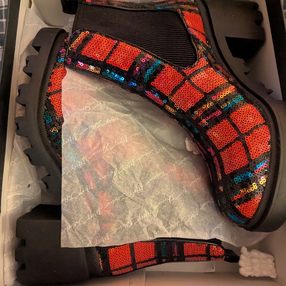 Betsey Johnson Red Sequin Plaid Chunky Heel Ankle Boots